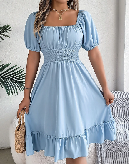 Women's Mini Dress Casual Dress A Line Dress Milkmaid Dress Stylish Basic Casual Vacation Daily Regular Fit Plain Short Sleeve Square Neck Khaki Light Blue Summer Spring