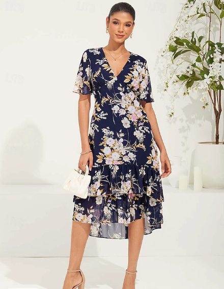 Women's Midi Dress Chiffon Dress Elegant Flared Sleeve Vacation Daily Date Regular Fit Floral Short Sleeve V Neck Dark Blue Summer